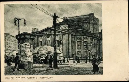 Künstler Ak Mayer, Katowice Kattowitz Schlesien, Stadttheater, Litfaßsäule