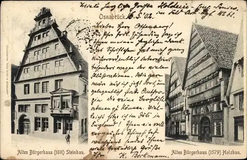 Ak Osnabrück in Niedersachsen, Altes Bürgerhaus, Steinbau 1611, Holzbau 1579