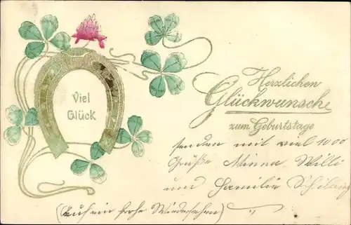 Präge Litho Glückwunsch Neujahr, Hufeisen, Glücksklee