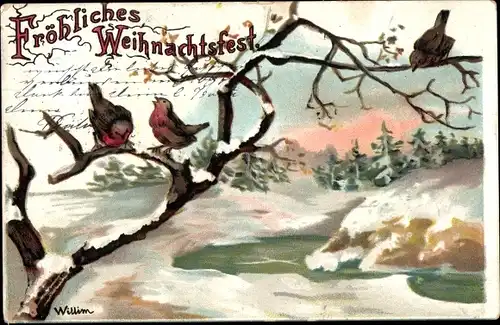 Künstler Litho Glückwunsch Weihnachten, Vögel am Baum