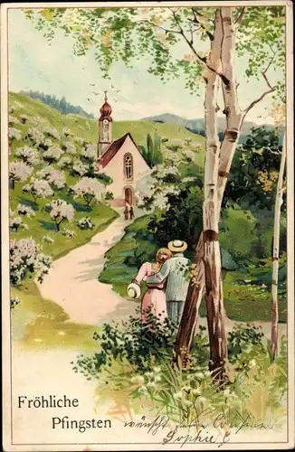 Litho Glückwunsch Pfingsten, Liebespaar, Kirche, Birken