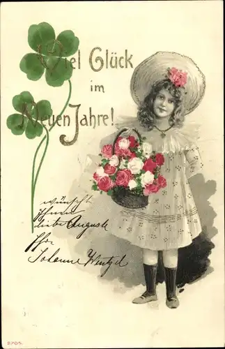 Litho Glückwunsch Neujahr, Mädchen, Blumenkorb, Glücksklee