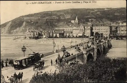 Ak Donostia San Sebastian Baskenland, Puente de Santa Catalina, Playa de Gros, Straßenbahn