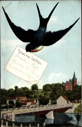Ak Zwickau in Sachsen, Teilansicht mit Brücke, Schwalbe