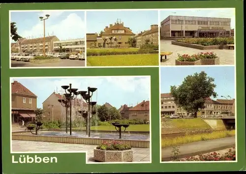 Ak Lübben im Spreewald, Teilansichten, Brunnen mit Wasserkaskaden