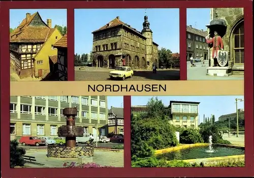 Ak Nordhausen am Harz, Rathaus, Roland, Brunnen an der Post, HO-Gaststätte Stadtterrasse