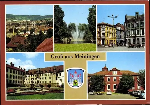 Ak Meiningen Thüringen, Goethepark, Markt, Rudolf-Baumbach-Schule, Wappen, Schloss Elisabethenburg