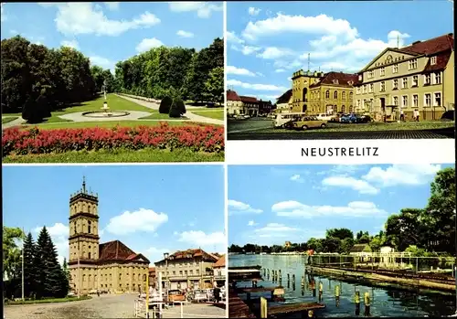 Ak Neustrelitz in Mecklenburg, Stadtpark, Rathaus am Markt, Marktplatz mit Stadtkirche, Zierker See