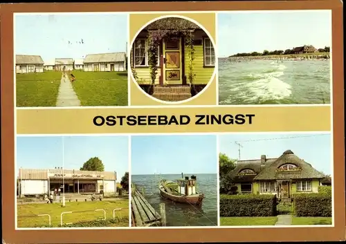 Ak Ostseebad Zingst, Bungalowdorf, Tür Störtebekerstraße, Rohrdachhaus, Kaufhalle, Fischerboot