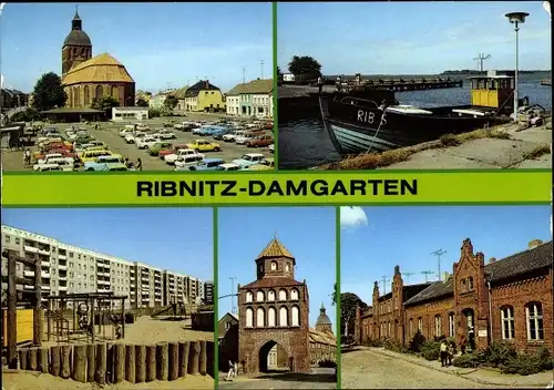 Ak Ribnitz Damgarten, Karl Marx Platz, Am Hafen, Spielplatz, Rostocker Tor, Bernsteinmuseum