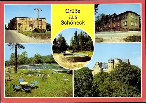 Ak Schöneck im Vogtland Sachsen, HO Hotel Schönecker Hof, Kinderkurheim, Freibad Haselmühle, Rathaus