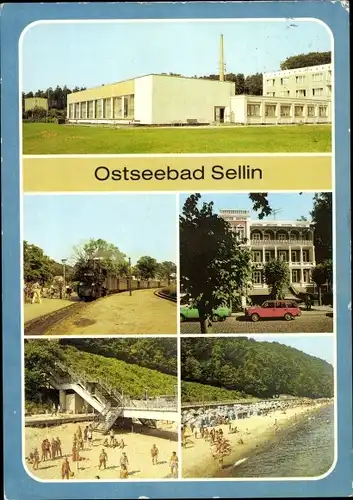 Ak Ostseebad Sellin auf Rügen, FDGB-Erholungsheim Haus Sellin, Treppe zum Strand, Schmalspurbahn