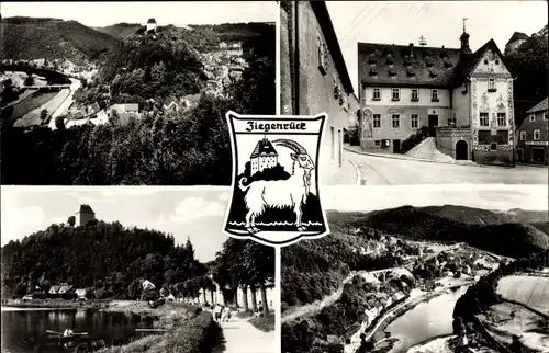 Ak Ziegenrück an der Saale Thüringen, Wappen, Schloss, Saale, Panorama