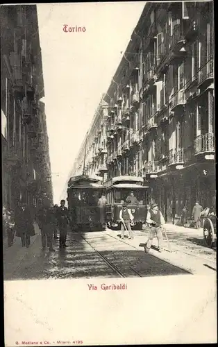 Ak Torino Turin Piemonte, Via Garibaldi, Straßenbahnen