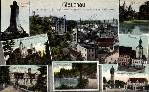 Ak Glauchau in Sachsen, Schönburg'sches Schloss, Bismarckturm, Altes Schloss, Rathaus