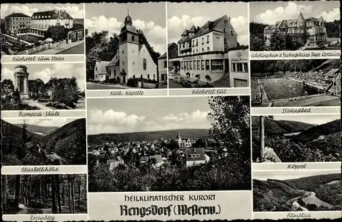 Ak Rengsdorf im Westerwald, kath. Kapelle, Köppel, Almblick, Strandbad, Rosenberg, Bismarck-Säule