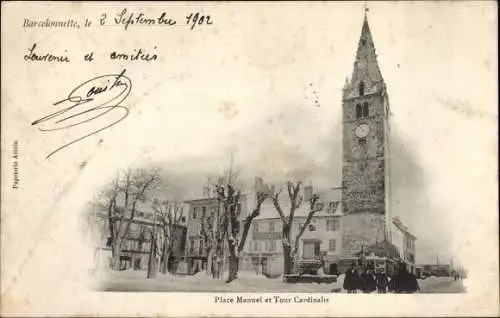 Ak Barcelonnette Hautes Alpes, Place Manuel, Tour Cardinalis