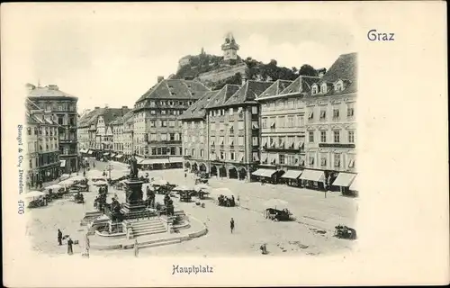 Ak Graz Steiermark, Hauptplatz mit Denkmal, Geschäfte, Marktstände