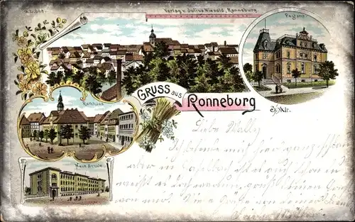 Litho Ronneburg Thüringen, Rathaus, Postamt, Neue Schule, Totalansicht