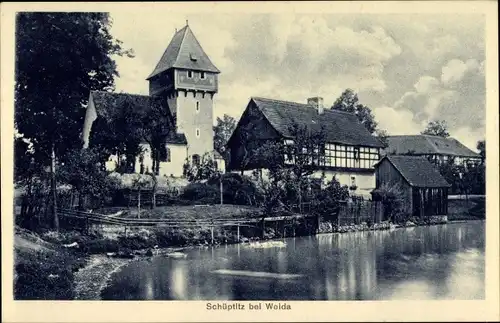 Ak Schüptitz Weida im Kreis Greiz Thüringen, Teichpartie, Häuser, Kirche