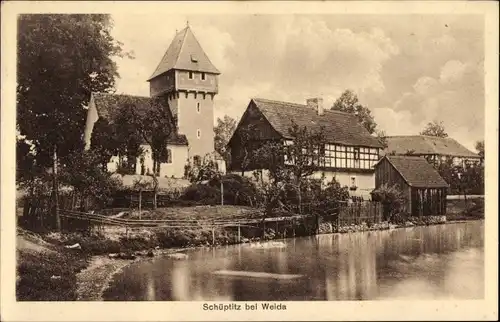 Ak Schüptitz Weida im Kreis Greiz Thüringen, Teichpartie, Häuser, Kirche