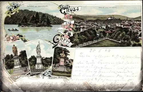 Litho Greiz im Vogtland, Totalansicht, Kaiser-Wilhelm-Denkmal, Bismarck-Denkmal, Parksee