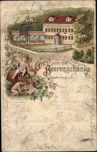 Litho Dresden Loschwitz, Beerenschänke, Kinder trinken Wein