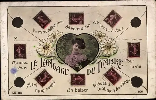 Ak Le Langage du Timbre, Briefmarkensprache, Frau, Blumen