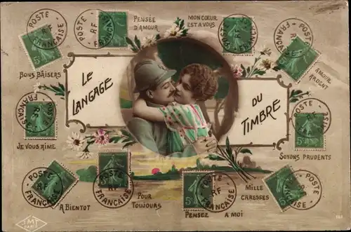 Ak Briefmarkensprache, französischer Soldat, Liebespaar