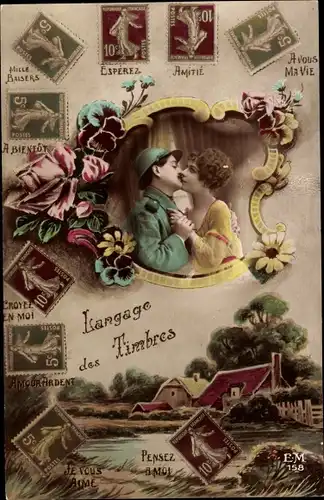 Ak Briefmarkensprache, Liebespaar, französischer Soldat