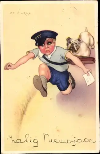 Künstler Ak Glückwunsch Neujahr, Hund verfolgt Postbote