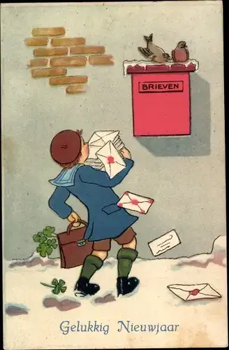 Ak Glückwunsch Neujahr, Junge mit Briefen, Glücksklee, Briefkasten, Vögel