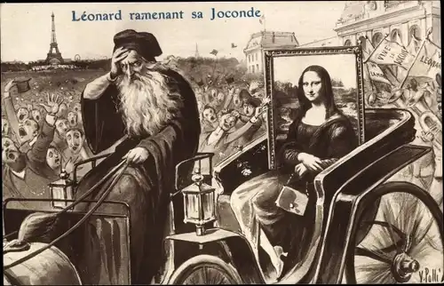 Künstler Ak Paris, Léonard ramenant sa Joconde, La Joconde, Mona Lisa, Eiffelturm