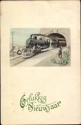 Ak Glückwunsch Neujahr, Dampflok kommt aus einem Tunnel, Kleeblätter, Eisenbahn