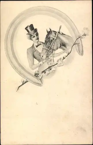 Künstler Ak Frau in Reitkleidung, Pferd, Hufeisen