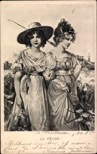 Künstler Ak Zwei junge Frauen mit Angel