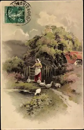 Litho Frau mit Gänsen, Bauernhof