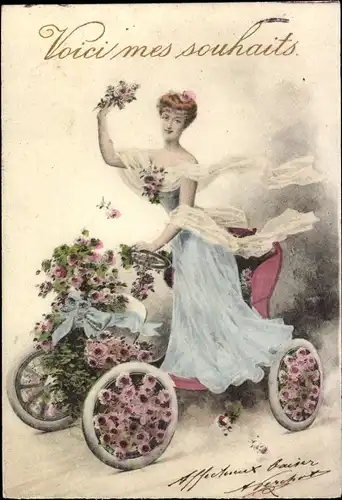Ak Frau in einem Automobil, mit Blumen geschmückt