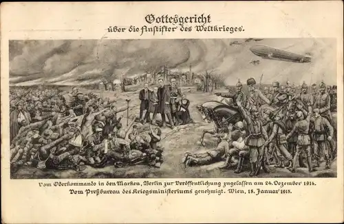 Künstler Ak Gottesgericht über die Anstifter des Weltkriegs, Poincaré, Peter I., Nikola Pašić, I. WK