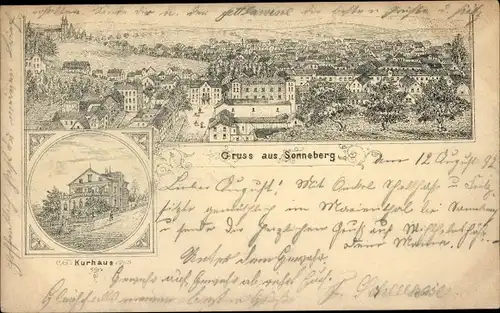 Vorläufer Litho Sonneberg in Thüringen, Kurhaus, Blick auf den Ort, 1892