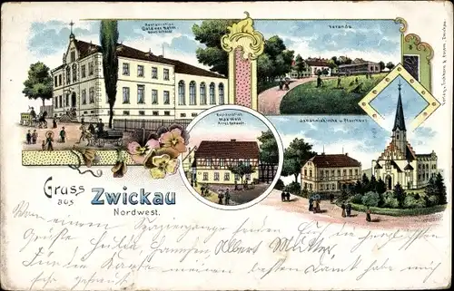 Litho Zwickau in Sachsen, Johanniskirche, Pfarrhaus, Veranda, Restaurant