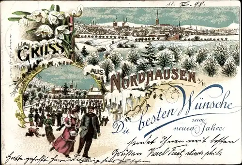 Litho Nordhausen am Harz, Glückwunsch Neujahr, Gesamtansicht vom Ort, Schlittschuhlaufen