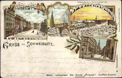 Winter Litho Świdnica Schweidnitz Schlesien, Wilhelmsplatz, Post, Landgericht, Paradeplatz