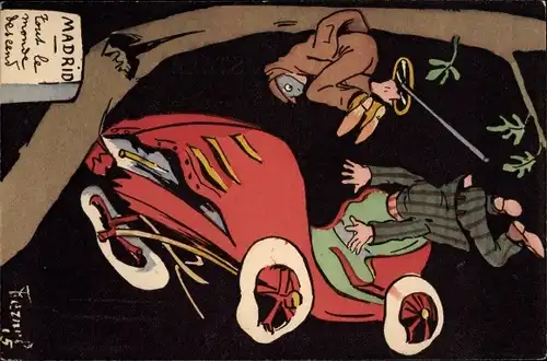 Künstler Ak Fernel, Auto Rennen nach Madrid, Unfall, Kollision mit einem Baum