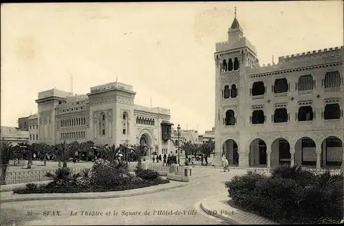 Ak Sfax Tunesien, Le Théatre et le Square de l'Hôtel de Ville