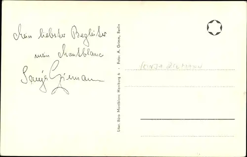 Ak Schauspielerin Sonja Ziemann, Portrait, Montblanc Füller, Autogramm