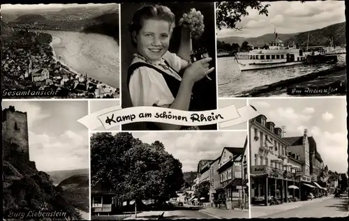 Ak Kamp Bornhofen am Rhein, Mädchen mit Trauben, Burg Liebenstein, Rheinufer, Teilansichten