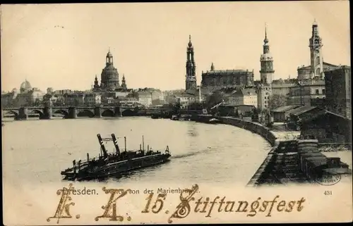 Ak Dresden Altstadt, Blick von der Marienbrücke, Fähre, 15. Stiftungsfest