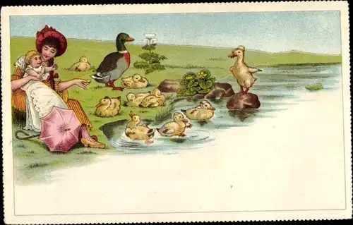 Litho Dresden, Reklame, Mutter mit Baby, Enten, Entenküken