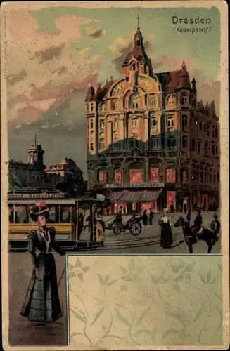 Litho Dresden Altstadt, Kaiserpalast, Geschäftshaus, Straßenbahn